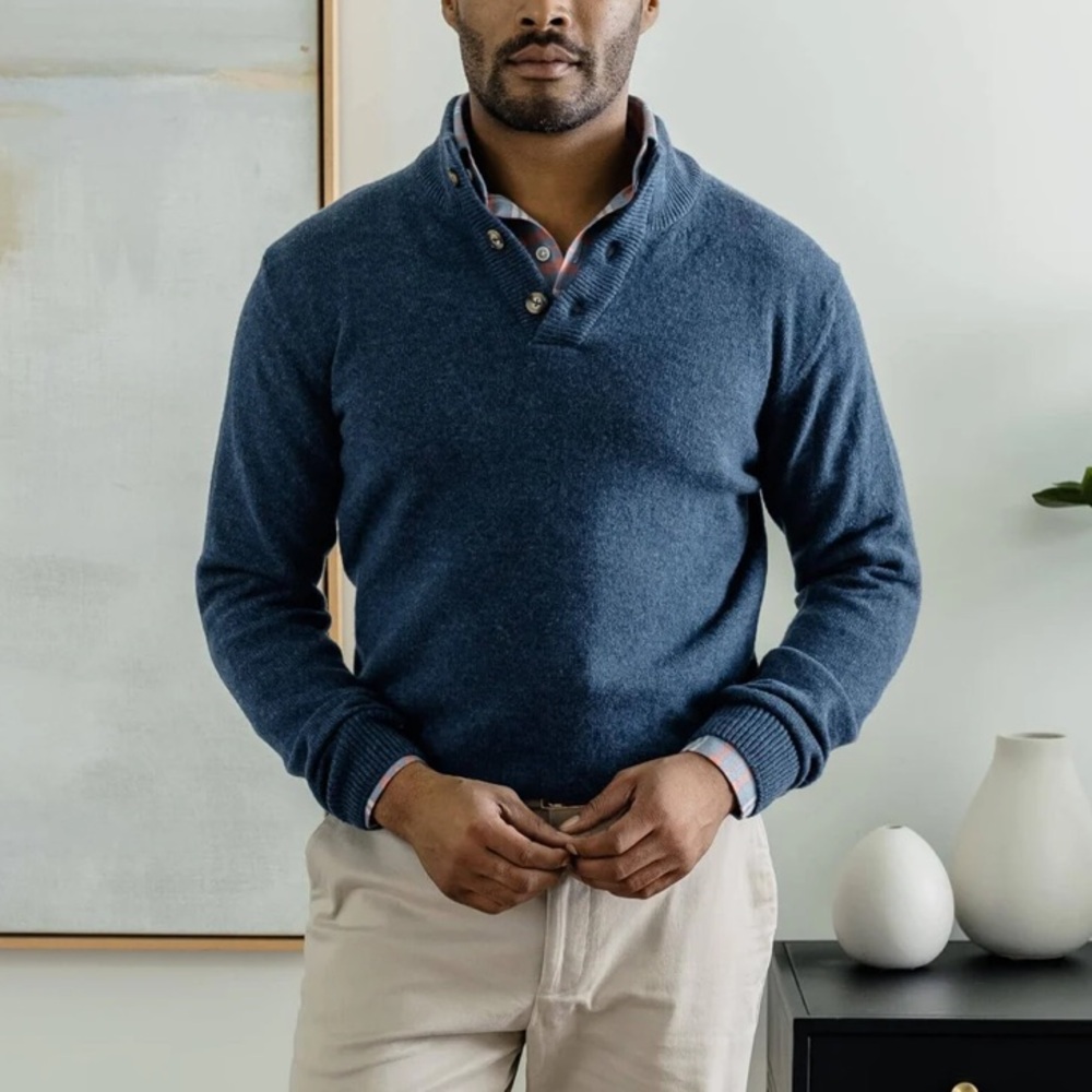 Ledbury Blue Heather Brewer Mock Neck Sweater Size L Superfine Merino Wool Knit